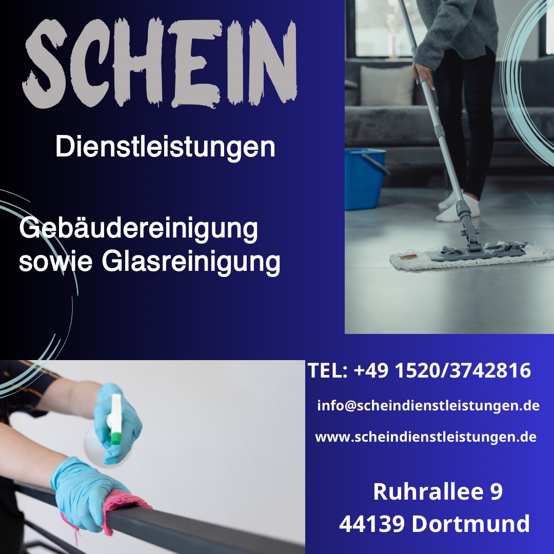 Schein Reinigungsservice  
RUHRALLEE 9
44139 DORTMUND 
#Scheindienstleistungen 
#büroreinigung
#praxisreinigung
#teppichreinigung
#treppenhausreinigung
#MessiWohnungen 
#Entrümpeln 
#Verunreinigungen 
#dortmund 
#Glasreinigung  #Fensterputzen
