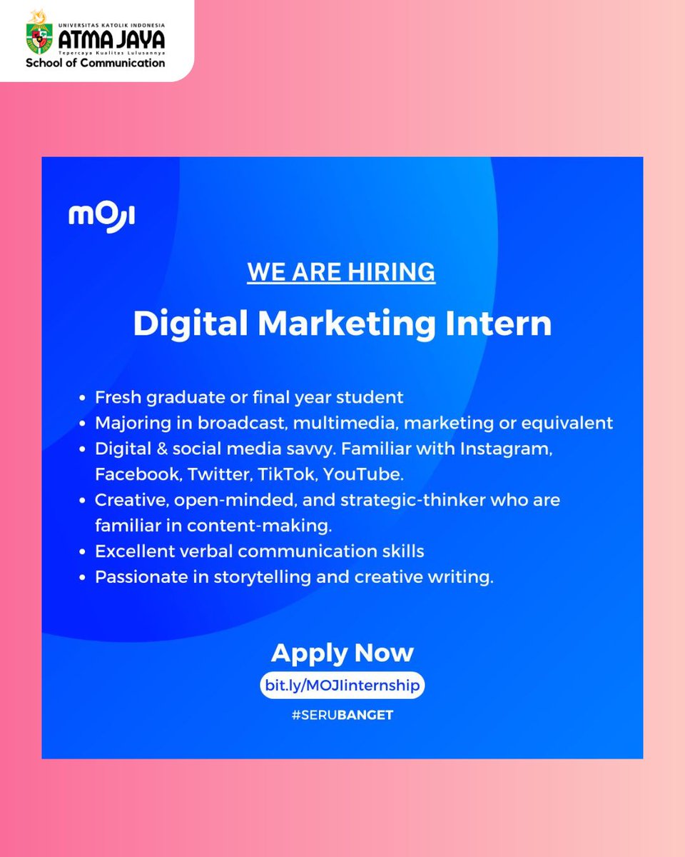 komunikasi_uaj's tweet image. Hi Ilkomers &amp;amp; MOJI Buddies 👋

Ada kesempatan mengikuti internship sebagai Media Relations &amp;amp; Digital Marketing intern serta menjadi bagian dari Mojern? Yuk langsung daftarkan diri kalian di link yang ada di flyer 🔗

#serubanget #itsmoji #komunikasi_uaj
#schoolofcommunication