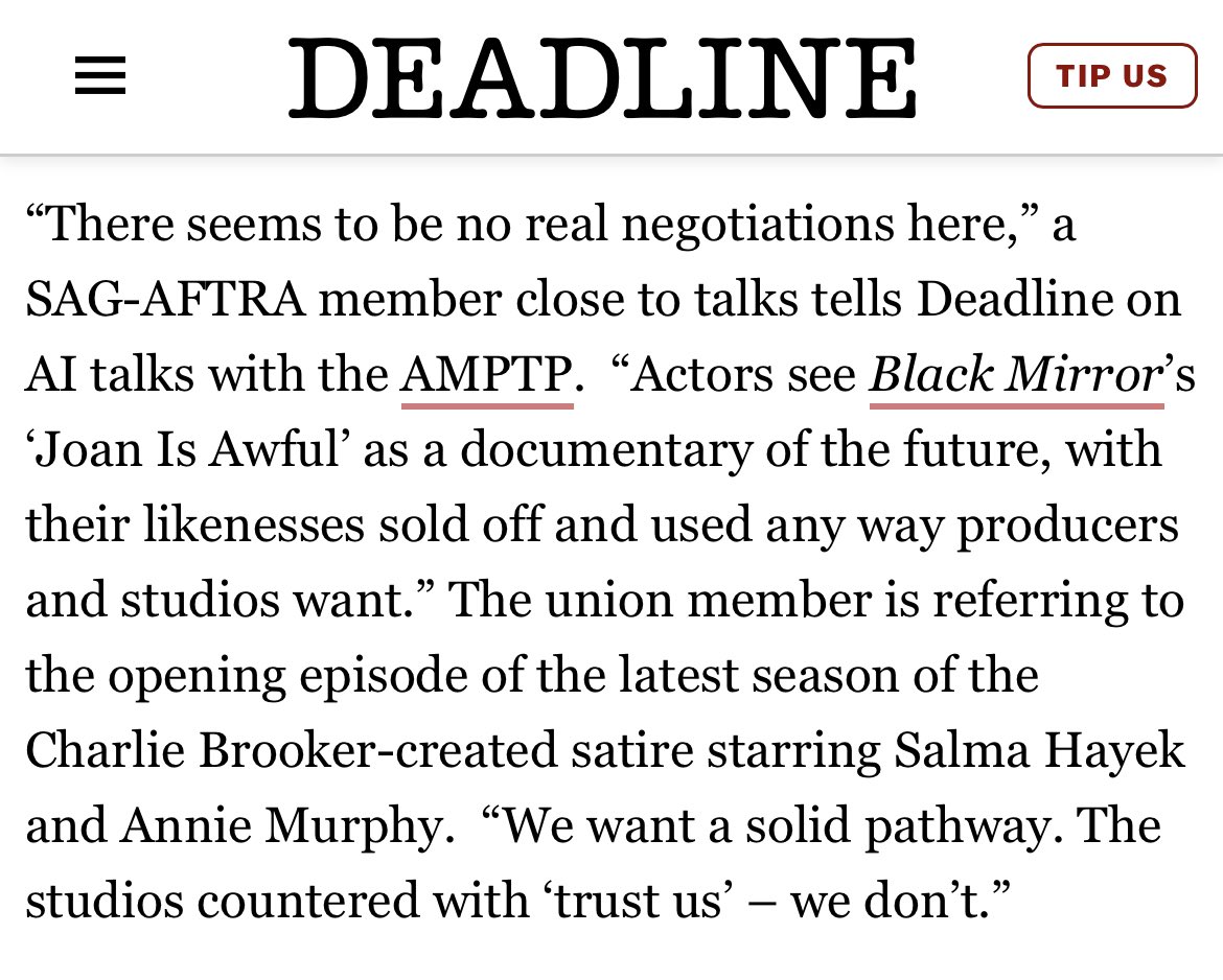 Netflix really fucked up dropping that AI episode of BLACK MIRROR in the middle of the SAG negotiations, huh.