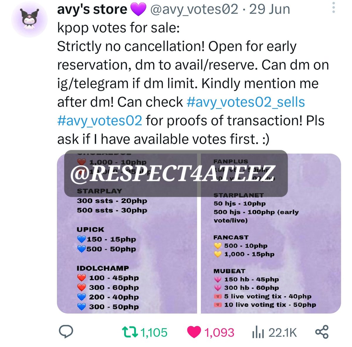 Respect4Ateez's tweet photo. @MR1ATOZ @avy_votes02 Done for #ATEEZ https://t.co/RBdsyTf1zA