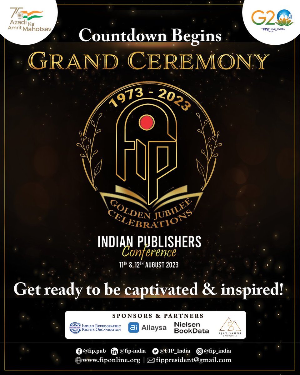 Federation of Indian Publishers (@fip_india) on Twitter photo 1 month to go!
Brace yourself for some grand celebrations hosted by <a href="/FIP_India/">Federation of Indian Publishers</a> on the occasion of our golden jubilee.
We look forward to having you all with us at the Indian Publishers Conference (11 & 12 August 2023).
Register now to attend: bit.ly/FIP-IPC2023 1 month to go!
Brace yourself for some grand celebrations hosted by <a href="/FIP_India/">Federation of Indian Publishers</a> on the occasion of our golden jubilee.
We look forward to having you all with us at the Indian Publishers Conference (11 & 12 August 2023).
Register now to attend: bit.ly/FIP-IPC2023