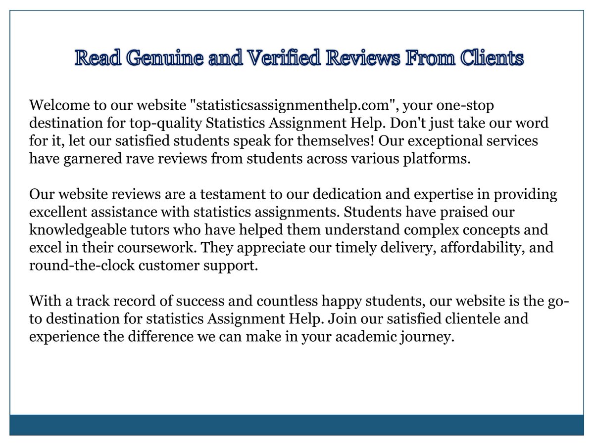 statisticsassi5's tweet image. Experience unparalleled Statistics Assignment Help with glowing testimonials from thrilled students. Unlock your statistical prowess with our trusted service. Discover excellence today!
bit.ly/3hYGXYZ 
#statisticsassignmenthelp #statisticsassignmenthelper #education