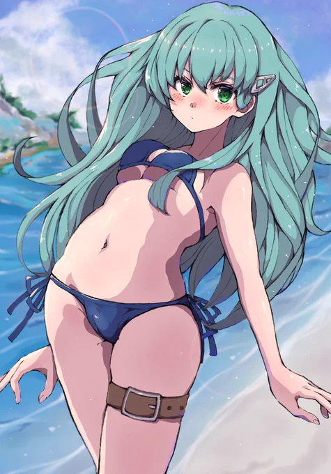 『海じゃん!海!・・・って提督、あんまじろじろ見られると恥ずかしいじゃん?(;'∀`)』 暑いので鈴谷ちゃんと海にやって参りました!(∩'∀`)∩ #艦これ #鈴谷