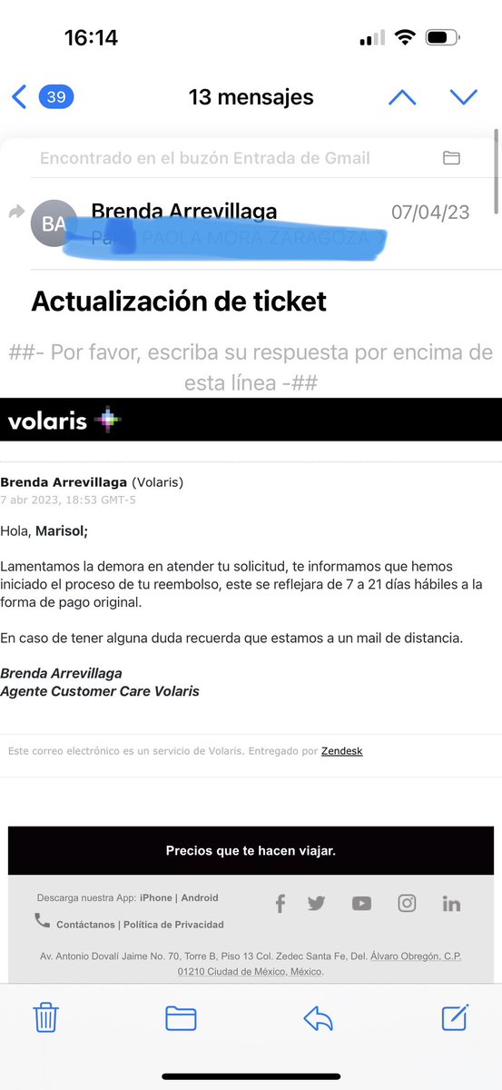 marisolwatanabe's tweet photo. @viajaVolaris @AbcVinci A 6 meses de que se generó mi reembolso y no lo he recibido. 
Me siguen dando largas que de 7 a 12 días hábiles lo veré reflejado y no me llega nada y luego al volver a preguntar me vuelven a preguntar toda o más información para hacerlo cuando supuestamente ya estaba hecho https://t.co/EyHNWAY7VY