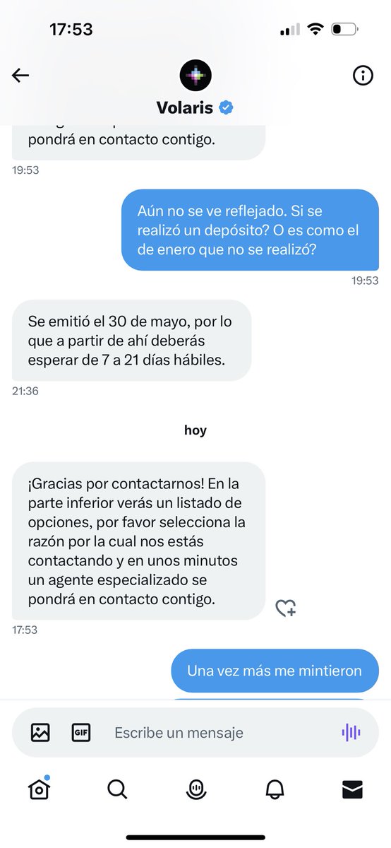 marisolwatanabe's tweet photo. @viajaVolaris @AbcVinci A 6 meses de que se generó mi reembolso y no lo he recibido. 
Me siguen dando largas que de 7 a 12 días hábiles lo veré reflejado y no me llega nada y luego al volver a preguntar me vuelven a preguntar toda o más información para hacerlo cuando supuestamente ya estaba hecho https://t.co/EyHNWAY7VY