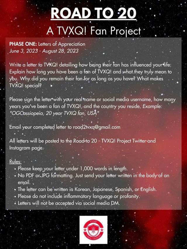 road2tvxq's tweet photo. PHASE ONE: Letters of Appreciation will go till AUG 28.

PHASE TWO: Fanart Submission will go till SEP 22.

We encourage you all to join in the 20th anniversary celebration by sending in your letter/ art! Let's show #TVXQ how loved they truly are!

@road2tvxq #20yearswithtvxq https://t.co/bttYL8UfwK