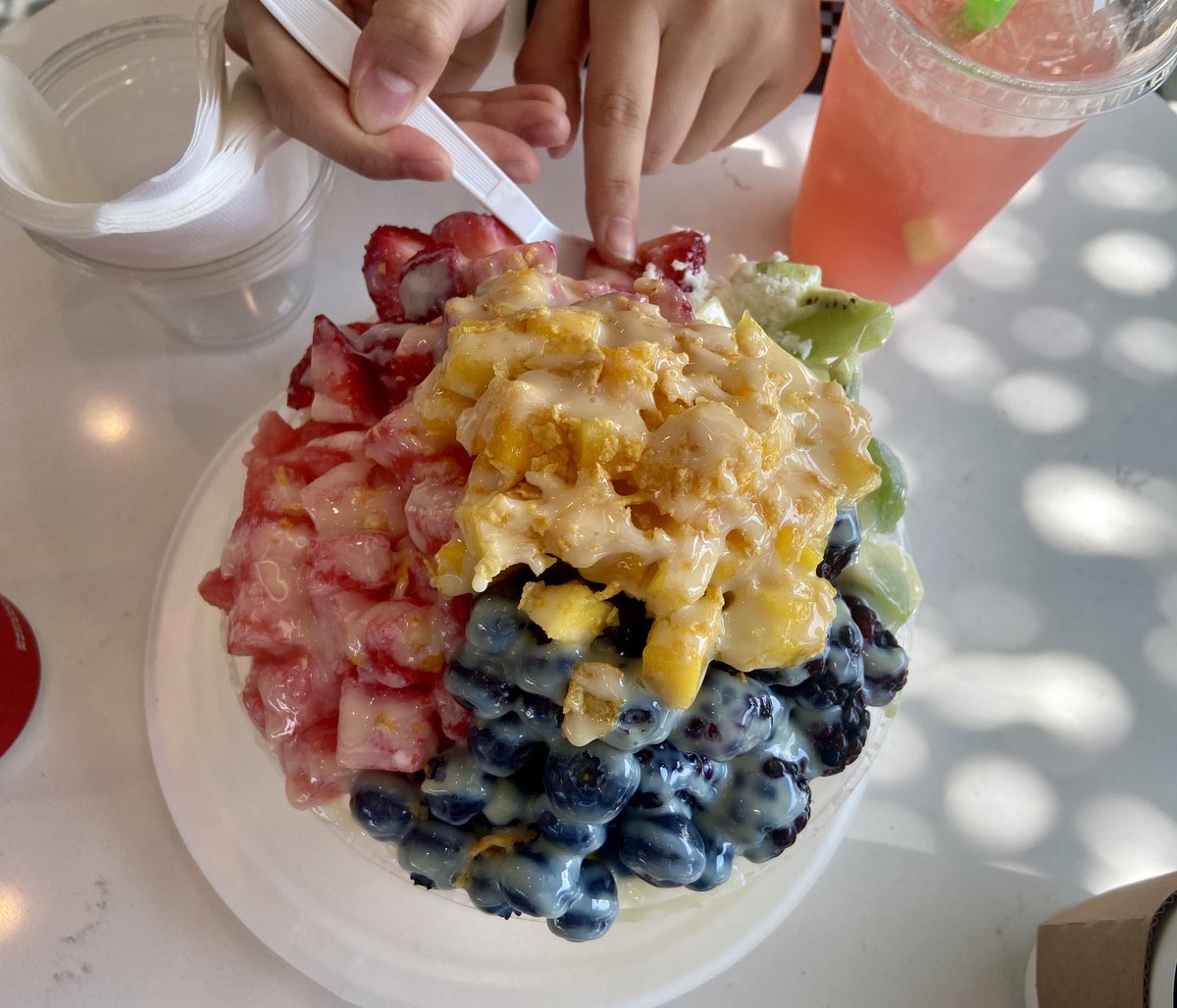 Hot Summer ☀️🥵 = Bingsu 🍧😋

(Korean shaved ice topped w/ fruit 🍓 🥭 🫐 🥝 🍉 …..)

Lulu &amp; Dino Cafe in Bayside, NY 😉