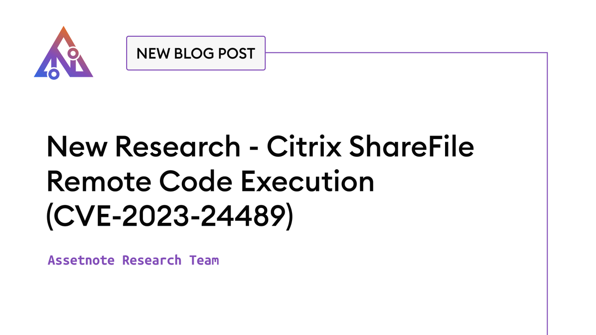 The security research team at <a href="/assetnote/">Assetnote</a> discovered a pre-authentication RCE vulnerability through a cryptographic flaw in Citrix ShareFile. It's been assigned CVE-2023-24489. You can read the technical blog post here: blog.assetnote.io/2023/07/04/cit…