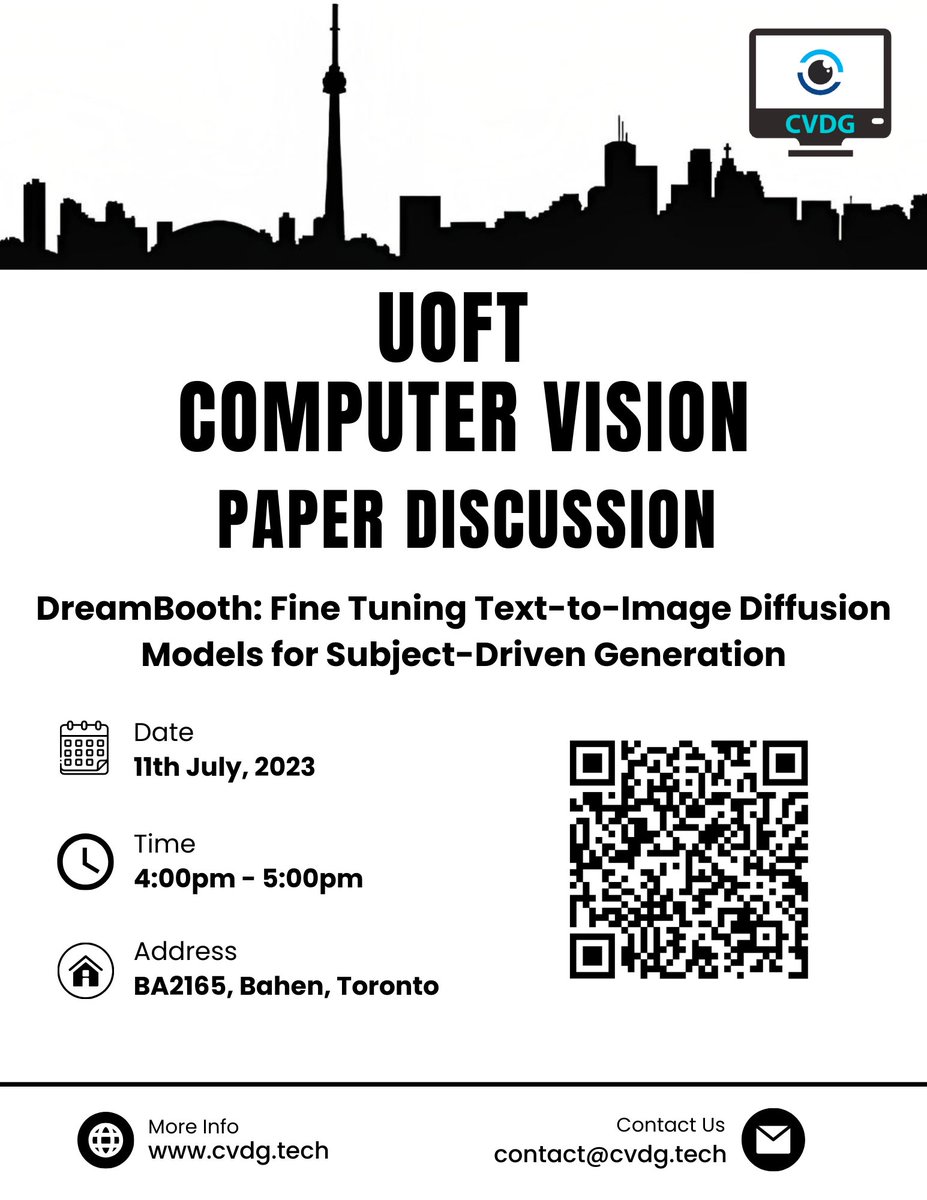 uoftcv's tweet photo. We are hosting a paper discussion on 11th July 4-5pm in BA2165 in Bahen, Toronto

We will be hosting the discussion on "DreamBooth: Fine Tuning Text-to-Image Diffusion Models for Subject-Driven Generation", from the recent CVPR paper

https://t.co/pvPE7tFhPD https://t.co/YJewNq4JBc