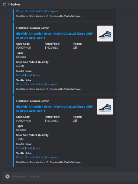 vasilissoftware's tweet photo. Never miss out on a restock again, introducing our FNL/JD In-Store monitor!

Tracking the likes of LA/NY/NJ/CT/IL group to join the bunch? Try out Vasilis Monitors 2.0 BETA with a 1 day trial. https://t.co/zYUyWy7Bm9