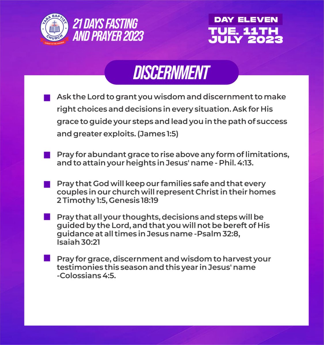 yababaptist's tweet photo. Halfway there and feeling empowered! 10 days down, 11 to go.
Day 11 - Discernment
#21DaysOfPrayerAndFasting #LayingItAllDown #TrustingInHim
#Yababaptist #Greaterexploits
#ChristIstheAnswer #ybc https://t.co/zmxJhjiPcd