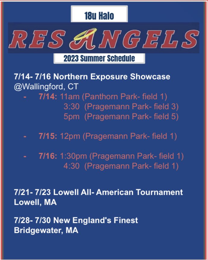 RES Angels 18u Halo schedule for the rest of summer!