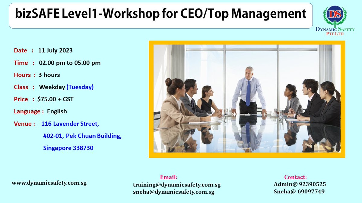 DynamicSafetysg's tweet photo. #dynamicsafety #safetytrainingcourses #trainingserviceprovider #customizedcourse #bizsafelevel1 #CEO #TopManagement For more detail https://t.co/i4dMq2HvFl 92390525 &amp; Sneha @ 69097749 https://t.co/WZkQQUPaVH