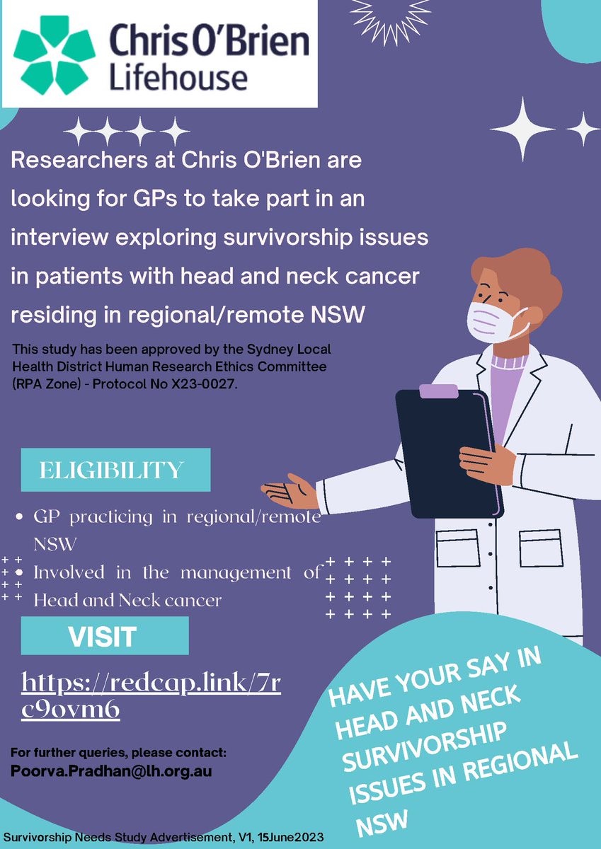 Dr Poorva Pradhan (@poorvapradhan) on Twitter photo Are you a GP working in regional/rural/remote NSW?
If yes, we are conducting a qualitative study to explore #survivorshipneeds in patients with HNC.
To register, please click: redcap.link/7rc9ovm6
<a href="/POCOG1/">POCOG</a> <a href="/COSAoncology/">COSA</a> <a href="/COSA_Surviv/">COSA Survivorship</a> <a href="/PC4TG/">PC4</a> <a href="/COBLH/">Chris O’Brien Lifehouse</a> <a href="/IntegProsRecon/">Integrated Prosthetics & Reconstruction</a>
Please RT! Are you a GP working in regional/rural/remote NSW?
If yes, we are conducting a qualitative study to explore #survivorshipneeds in patients with HNC.
To register, please click: redcap.link/7rc9ovm6
<a href="/POCOG1/">POCOG</a> <a href="/COSAoncology/">COSA</a> <a href="/COSA_Surviv/">COSA Survivorship</a> <a href="/PC4TG/">PC4</a> <a href="/COBLH/">Chris O’Brien Lifehouse</a> <a href="/IntegProsRecon/">Integrated Prosthetics & Reconstruction</a>
Please RT!