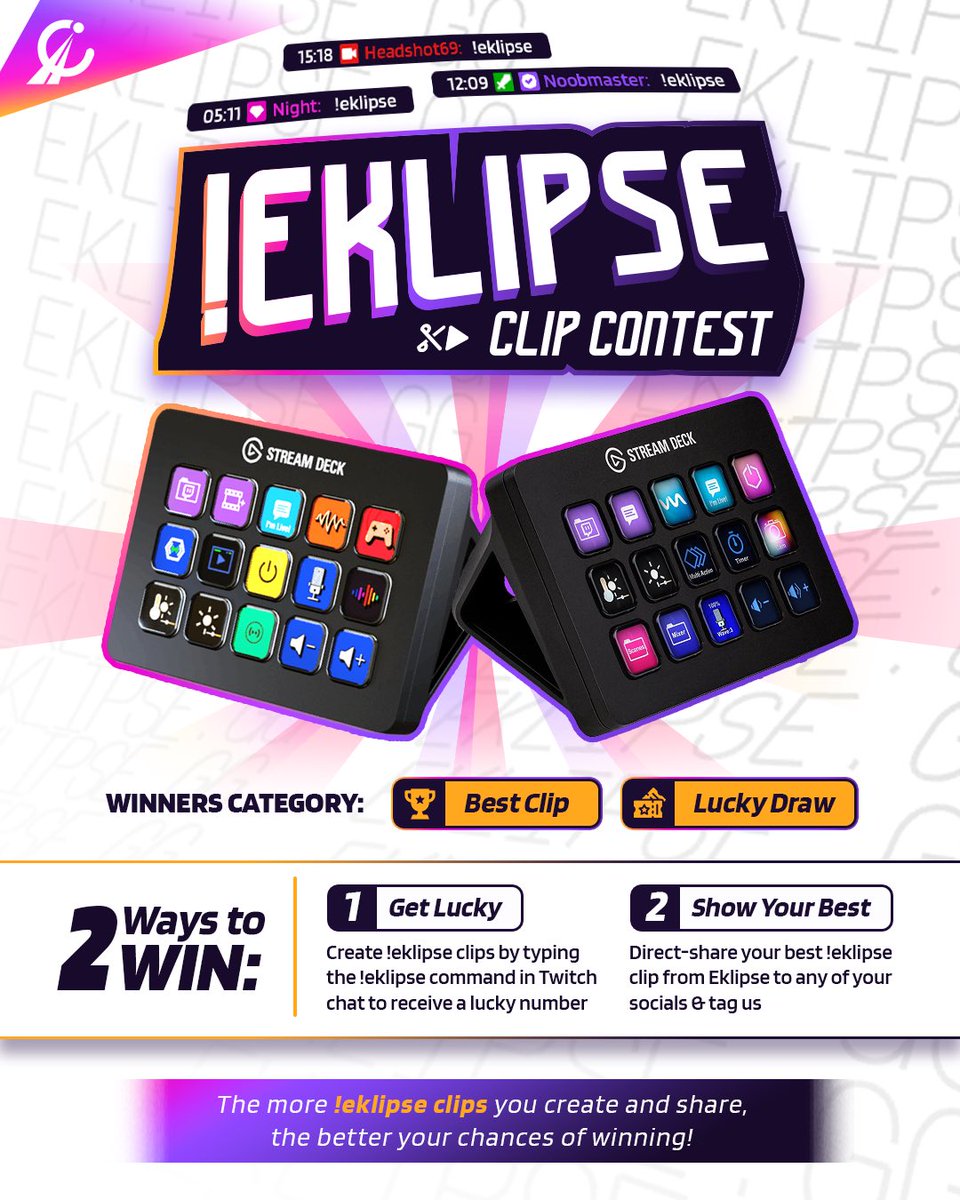 Eklipse_gg's tweet image. There we go!

✨ !eklipse Clip Contest

We’re picking TWO winners and there are 2 ways to win this:
- get lucky number by creating !eklipse clips
- create the best !eklipse clips and direct share from our site

Easy peasyyy, good luck🤞🏼

#clipcontest #streamdeck #streamdeckmk2