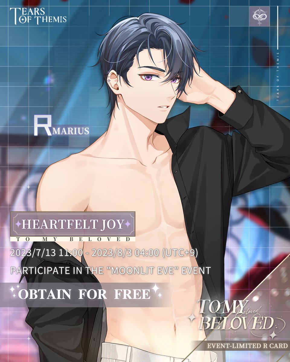 TearsofThemisEN's tweet image. 💍To My Beloved💍 Event-Limited R Cards

Participate in the "Moonlit Eve" event to get free Luke R "Sweet as Honey," Artem R "Full of Love," Vyn R "Staying Together," and Marius R "Heartfelt Joy."

#TearsOfThemis #ToMyBeloved #ToT2ndAnniversary