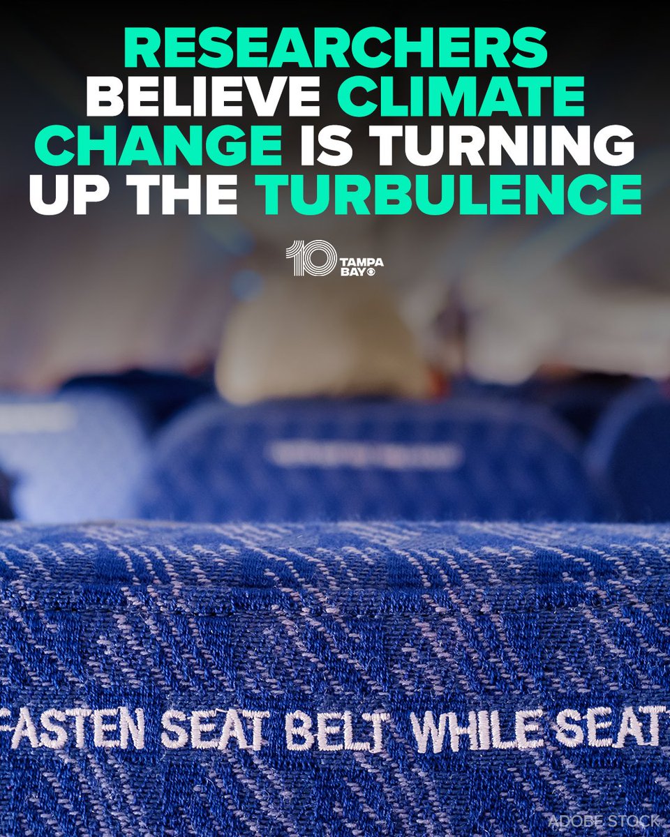 10TampaBay's tweet photo. BUMPY FLIGHTS? ✈️ A new study shows the increase may not be a coincidence, and it’s likely caused by an increase in turbulence that’s harder for pilots to identify.

More details: https://t.co/sRtbOik1zM https://t.co/NnuBXnAG0o