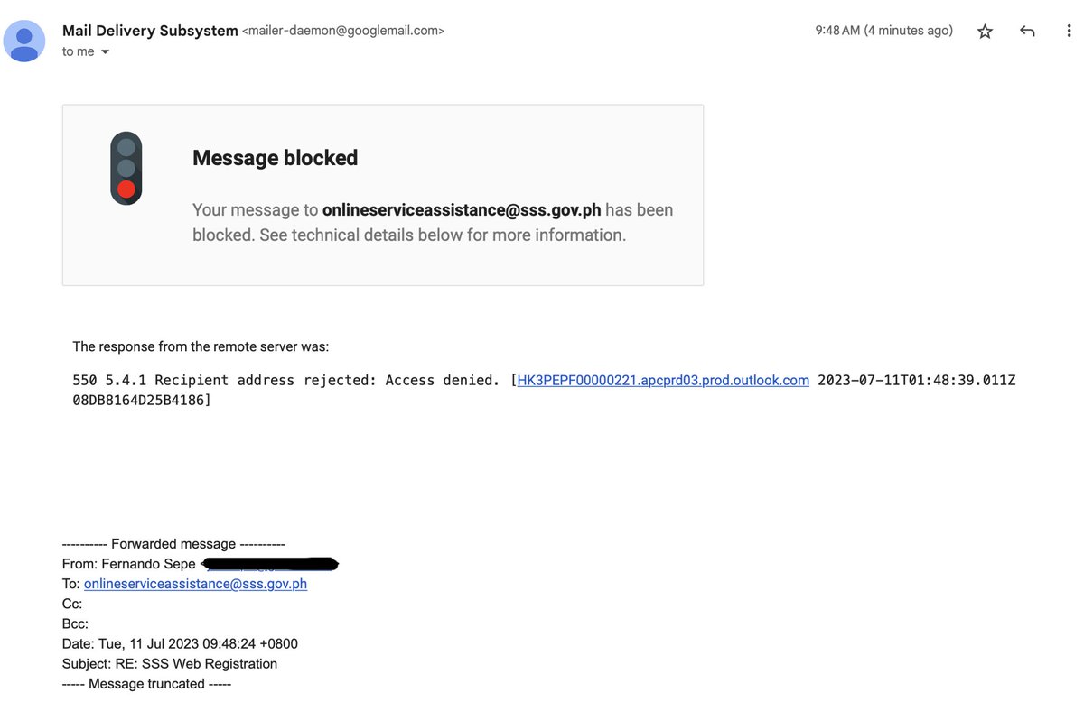 junsepe's tweet photo. @PHLSSS how do I remedy the error now when the e-mail address you provided me for assistance, onlineserviceassistance@sss.gov.ph, is now blocking me? https://t.co/NbvQ24u9FD