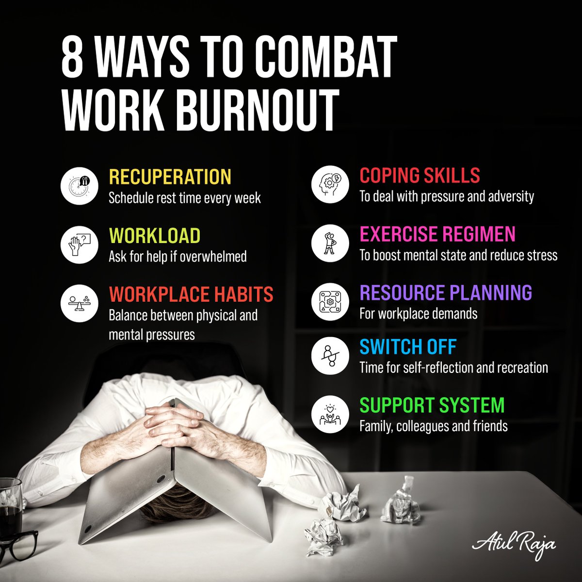Long hours, excessive workload,high expectations lead to burnout. 79% employees worldwide experience this. While organizations need to implement supportive policies &amp; healthy work #culture, each individual should focus on self-care, setting boundaries, seeking #worklifebalance.