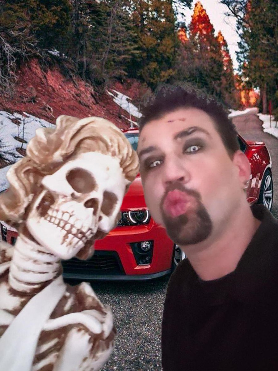 "Eerie Encounter: The Mysterious Man and the Ghastly Companion in front of the Crimson Cruiser"
#GrimEncountersWithRedRides