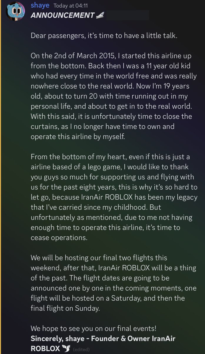 Founder &amp; Owner of IranAir ROBLOX, @shaye_hui_ has issued a statement regarding the future of the airline.