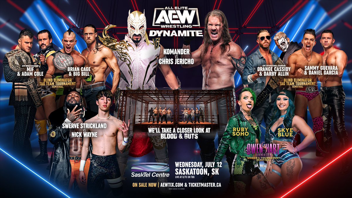 13（木）は #AEWDynamite -コマンデル v クリス・ジェリコ -ブラインド・エリミネーター・トーナメント キャシディ＆ダービー v  ゲバラ＆ガルシア MJF＆コール v ケイジ＆ビッグビル -スワーブ・ストリックランド v ニック・ウェイン -ルビー・ソーホー v スカイ・ブルー  ...