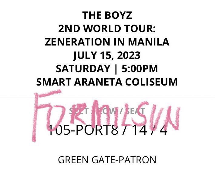 formilsun's tweet photo. wts lfb ph

tbz the boyz zeneration in manila mnl 
patron 105 row 14 seat 4 

— ₱9,500  
— 50% dp to reserve, rem bal on d-day (meet-up)
— will give official tbz pcs to claimer!

dm to claim!

 #THEBOYZ #더보이즈 #ZENERATION #ZENERATION_MNL https://t.co/ZbMSUCGL2K