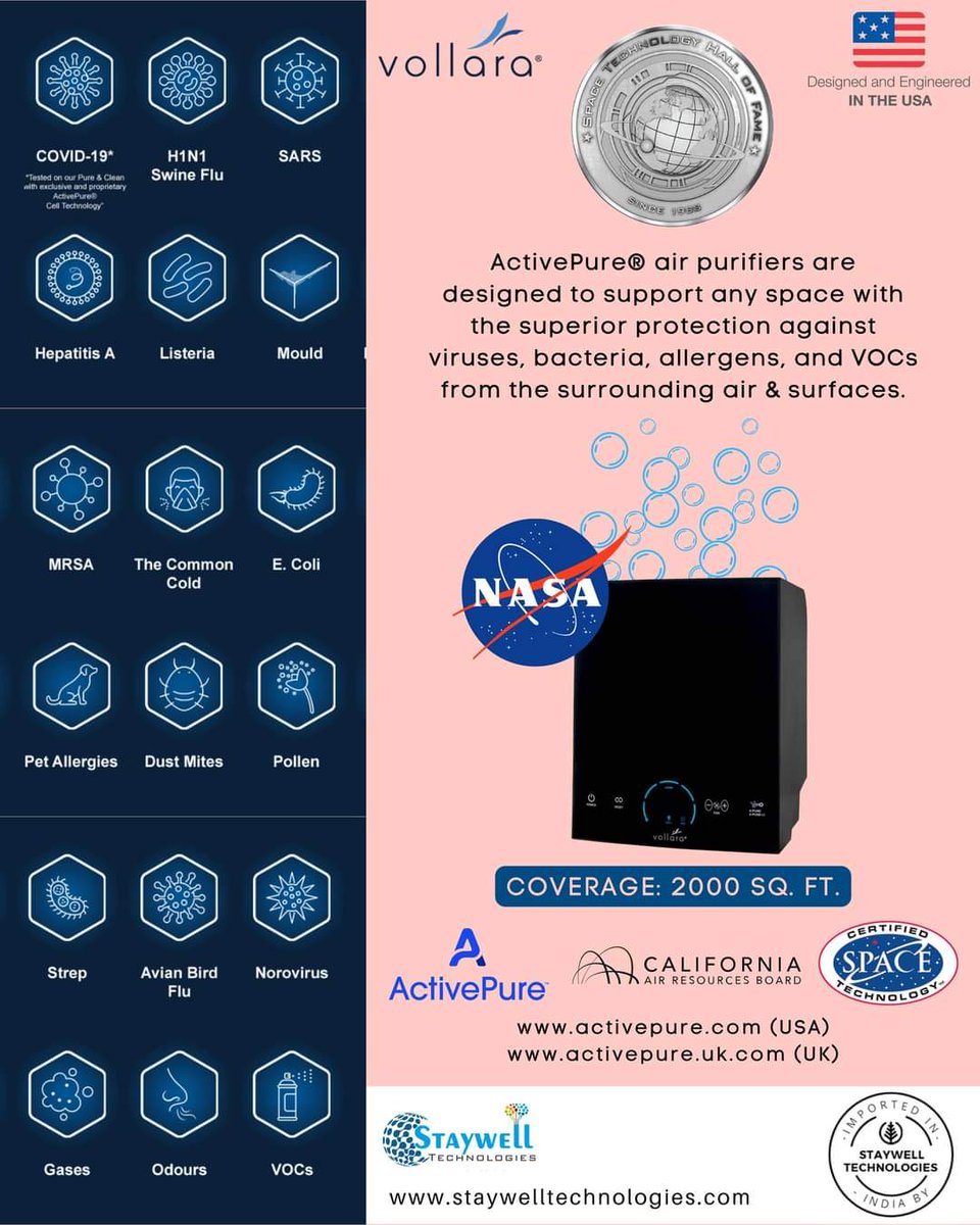 'Vollara Air and Surface Pro purifier removes 99.97% of airborne pollutants, including allergens, bacteria, and viruses. It also cleans surfaces, so you can breathe easy knowing your home/office is clean and safe.'
#ActivePure #Vollara #NASA #StaywellTechnologies #AirPurifier