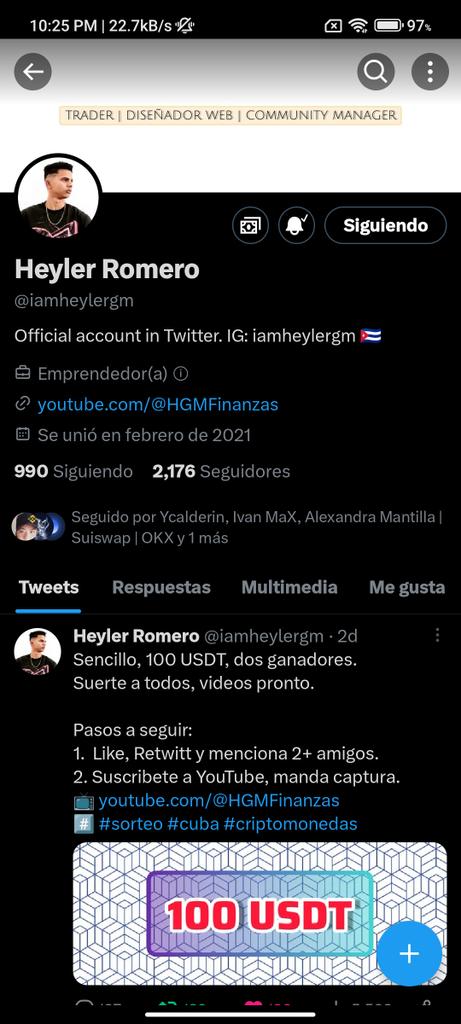 <a href="/iamheylergm/">Heyler Romero</a> Que bien estoy participando 🫡
YouTube: Carlitous_

<a href="/jfarias1805/">jfarias1805</a>
<a href="/Jamt_1/">寰希</a>

#sorteo #cuba #criptomonedas