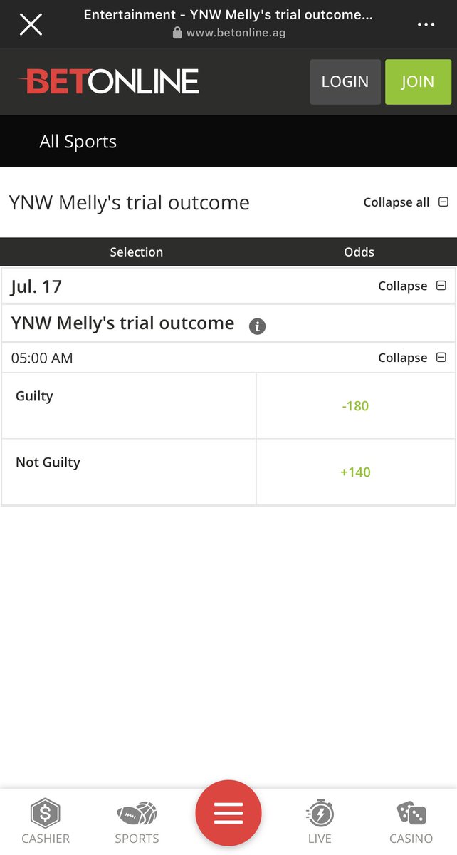 #YNWMellyTrial: <a href="/betonline_ag/">BetOnline</a> &amp; <a href="/WORLDSTAR/">WORLDSTARHIPHOP</a> have made it possible for <a href="/YNWMelly/">Melvin & Melly 2 Face 🌗</a> fans to bet on the likely outcome of the artist’s trial verdict with a signup bonus of up to $1000. 

YNW Melly's current odds are -180 guilty verdict and +140 not guilty verdict, according to
