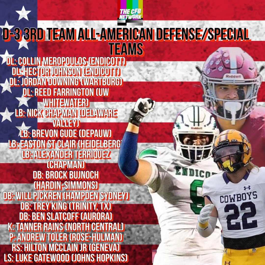 RT @thecfbnetwork: Here are the picks for the CFBNETWORK D-3 All-American 3rd Team Defense/Special Teams https://t.co/a0zJjkVRsc