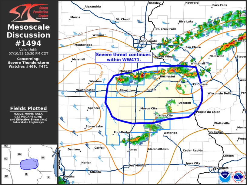 SPC MD 1494 MD 1494 CONCERNING SEVERE THUNDERSTORM WATCH 469...471... FOR SOUTHEASTERN MINNESOTA...NORTHERN IOWA...AND FAR WESTERN WISCONSIN

Mesoscale Discussion 1494
NWS Storm Prediction Center Norman OK
0935 PM CDT Mon Jul 10 2023

Areas affected...So… https://t.co/j1skv53eY8 https://t.co/q10WX5p0dk