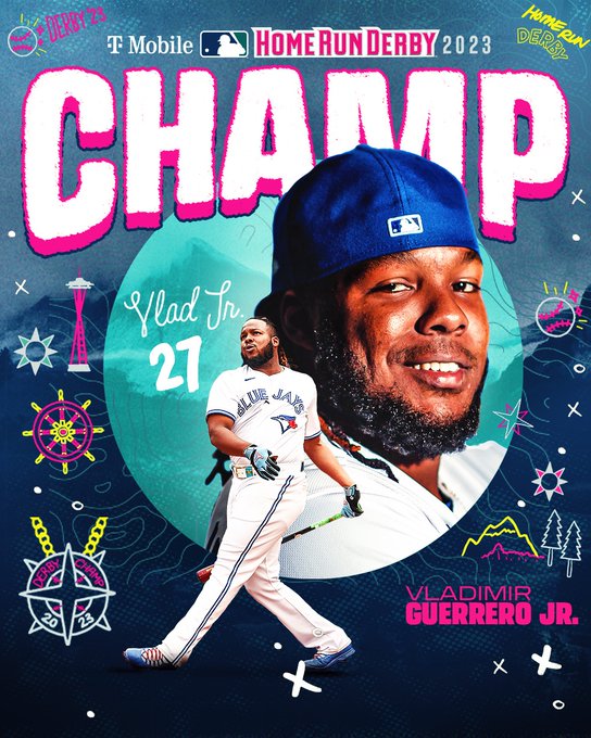 2023 T-Mobile Home Run Derby Champion:
Vladimir Guerrero Jr.
Pictured: A cutout of Vlad Guerrero Jr. smiling in a posed Photo Day picture and a cutout of Guerrero following through on a home run swing Monday at the Home Run Derby.