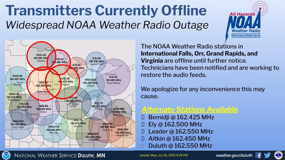 Several NOAA Weather Radio transmitters are experiencing outages in portions of Northeast Minnesota. The affected transmitters will be offline until further notice. We apologize for any inconvenience this may cause. #mnwx https://t.co/PqzwyRo9CR