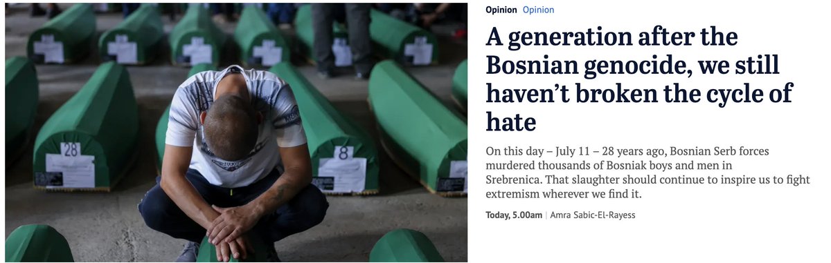 A generation after the Bosnian genocide we still haven't broken the cycle of hate. Here is my latest essay in <a href="/smh/">The Sydney Morning Herald</a> on how we failed to learn from #SrebrenicaGenocide &amp; what we must do differently to prevent identity-based violence: smh.com.au/world/europe/a…
#TCFaculty