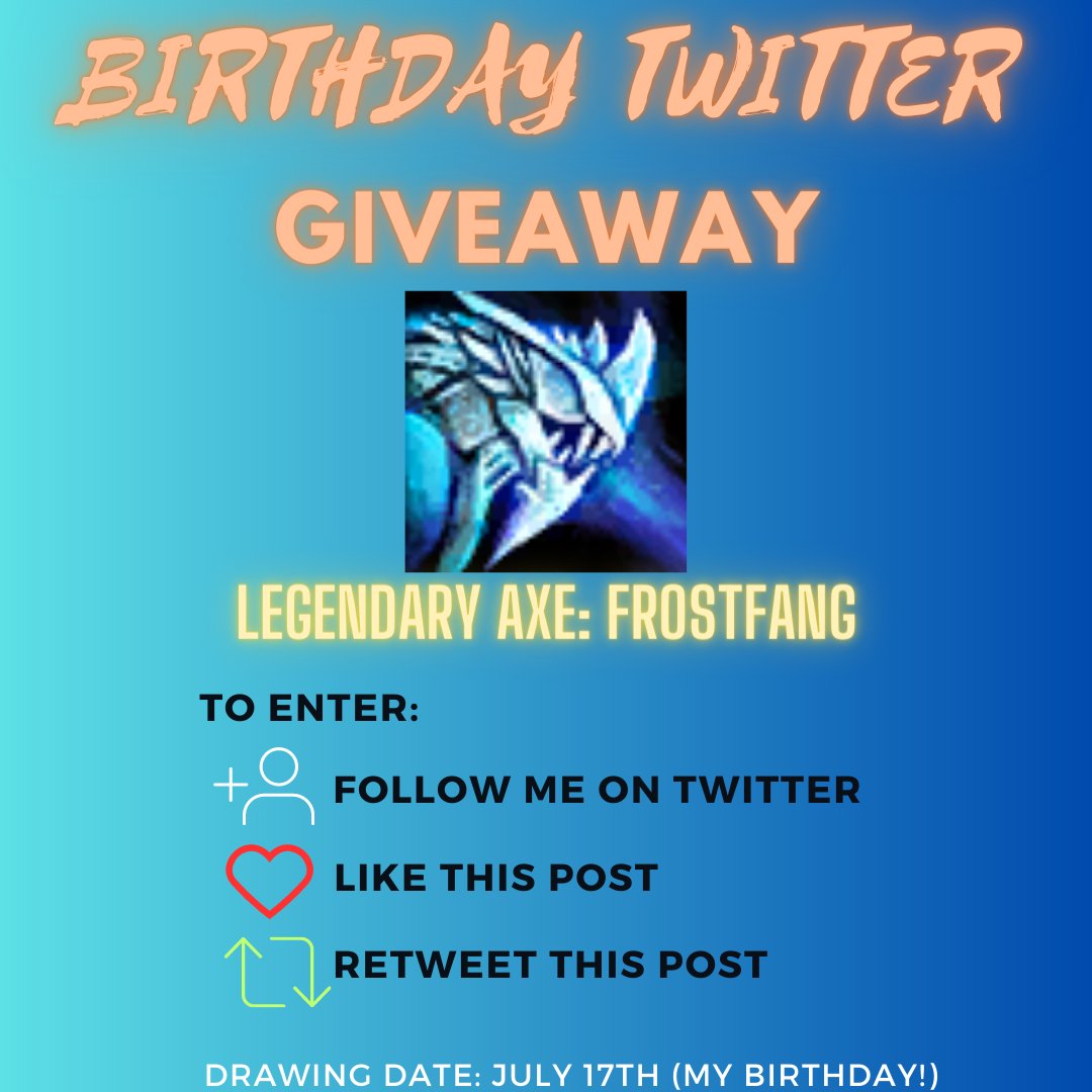 raavalicious's tweet photo. 🎂 My birthday is on July 17th 🎉 so I am giving away a #GW2 Legendary Axe (Frostfang)! So one of you can get ready for Guild Wars 2 Secrets of the Obscure!

To enter:
🧡Follow me on twitter
💜Like this post
💙Retweet this post

The winner will be drawn on July 17th!

#GuildWars2 https://t.co/JYCcba8oPX