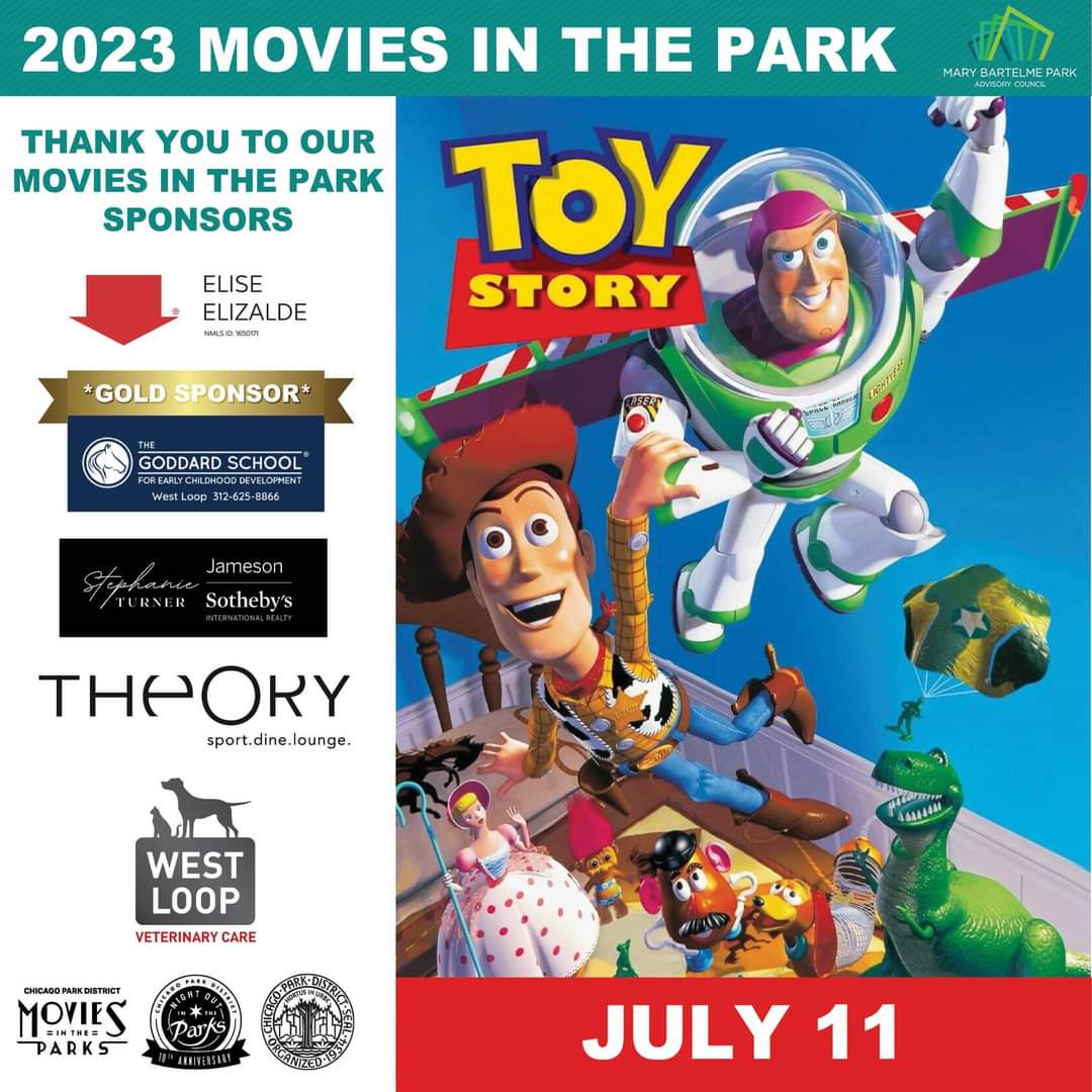 Tuesday night we are screening Toy Story! We recommend arriving before the start at dusk to claim a spot. We wish our lawn extended to infinity &amp; beyond!
Thank you <a href="/GoddardSchool/">The Goddard School</a>
<a href="/LoansBuyElise/">Elise Jordan Elizalde</a> <a href="/realstephturner/">Stephanie Turner</a> <a href="/TheoryChicago/">Theory Chicago</a> &amp; West Loop Vet

<a href="/AldConway/">Alderman Bill Conway</a> <a href="/TheBestLoop/">The West Loop</a> <a href="/West_Looper/">WestLooper</a>