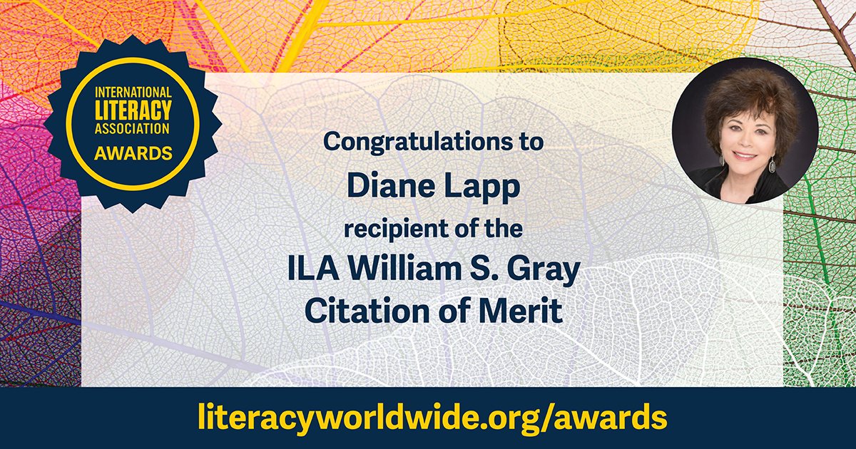 ILA (@ilatoday) on Twitter photo Long-time ILA member <a href="/lappsdsu/">Diane Lapp</a> has received the Association's highest honor, the ILA William S. Gray Citation of Merit recipient. #Congratulations and thank you for your contributions to the field of literacy!
Read more about Diane and other award winners:bit.ly/ILAAwardsGrant… Long-time ILA member <a href="/lappsdsu/">Diane Lapp</a> has received the Association's highest honor, the ILA William S. Gray Citation of Merit recipient. #Congratulations and thank you for your contributions to the field of literacy!
Read more about Diane and other award winners:bit.ly/ILAAwardsGrant…