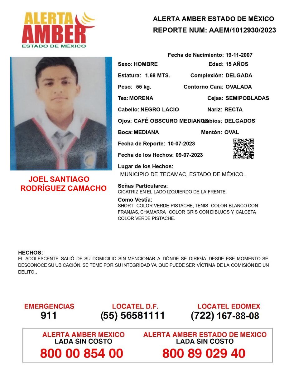 📍Tu apoyo es importante, ayúdanos a difundir, cualquier información para localizar a la siguiente persona comunícate al 📞800 890 2940 Alerta Amber EDOMEX y ☎️ 800 7028 770 #FiscalíaEdoméx.