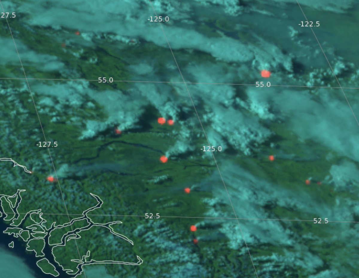 nplareau's tweet image. Numerous #pyroCb/#pyroCu across northern BC this evening. A quick look at the sounding from CYXS shows a fairly typical #pyroCb profile: dry and hot enough at low levels for fire growth with sufficient moisture to support tall-and-skinny CAPE to the tropopause. #Canadianwildfires