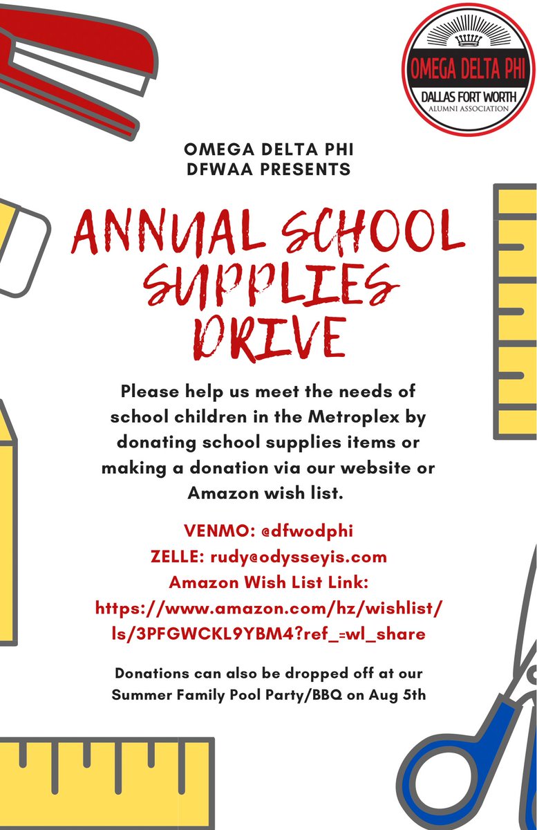 Join our efforts as we kickoff our annual School Supplies Drive by donating at our website, our Venmo, Zelle or donating items from our Amazon Wish List. Or bring your donations to our End of Summer BBQ!! #ServiceistheLIGHT #CommunityOutreach