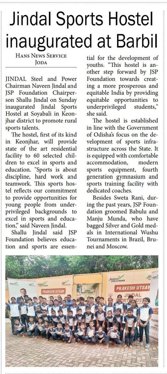 BarikManindra's tweet photo. Jindal Sports Hostel Inaugurated at Barbil to Nurture Rural Talents.The Hans India News. https://t.co/3JK78zmedf