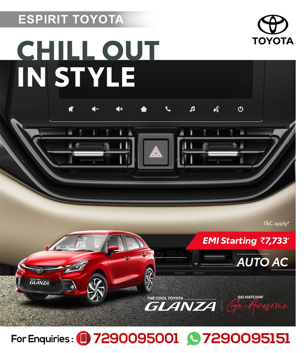 Espirit_Toyota's tweet image. The #ToyotaGlanza🚘 is a stylish and versatile hatchback that offers a perfect blend of elegance, performance, and comfort.
Stay cool and comfy on all your hatchin' plans with Glanza’s awesome #AutoAC. 
#DriveTheGlanza #GoHatchinGoAwesome #Car #StylishHatchback #SpaciousCabin