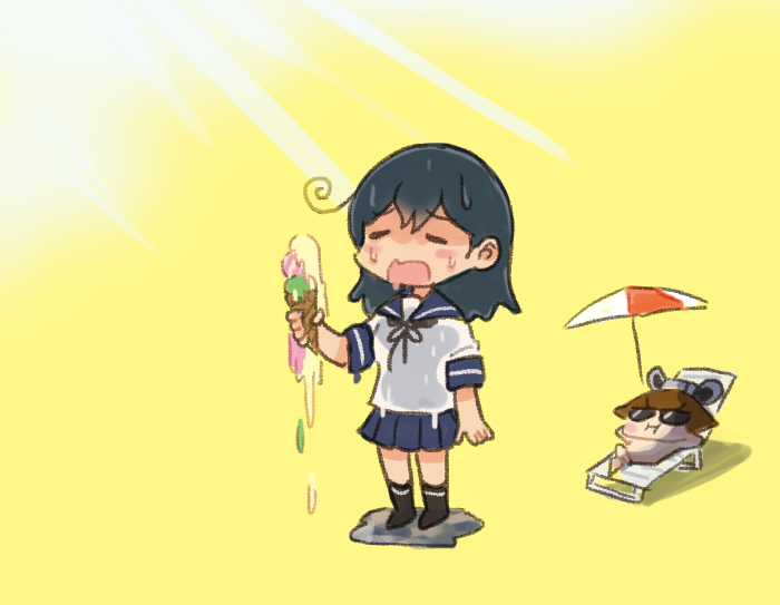 ushio (kancolle) ,yukikaze (kancolle) food school uniform serafuku ahoge pleated skirt skirt yellow background  illustration images