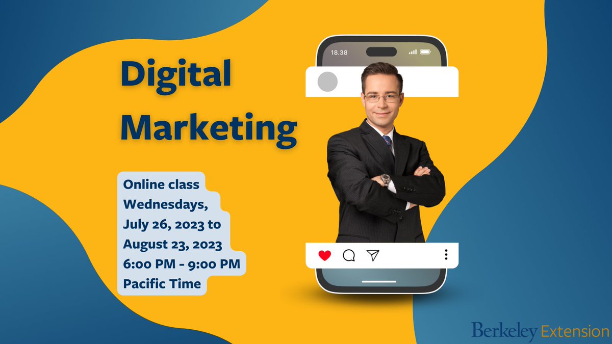 UCBerkeleyExt's tweet image. Discover how businesses of all sizes can now target customers with laser precision. Learn how to apply new media channels so that advertising dollars realize the maximum return. Enroll here: bit.ly/3JT88z7 #ClassSpotlight #DigitalMarketing