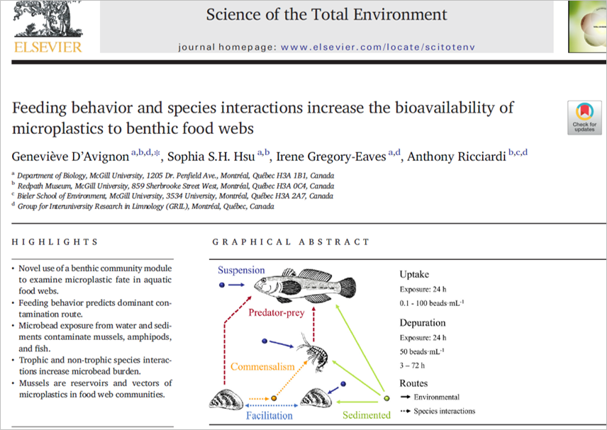 Anthony Ricciardi (@ecoinvasions) on Twitter photo Our new study examines the transfer of microplastics in freshwater communities. In lab expts, <a href="/G_DAvignon/">Gen D'Avignon</a> tested how trophic & nontrophic interactions of co-occurring benthic animals (round goby, quagga mussel, amphipod) affect their uptake of microbeads: sciencedirect.com/science/articl… Our new study examines the transfer of microplastics in freshwater communities. In lab expts, <a href="/G_DAvignon/">Gen D'Avignon</a> tested how trophic & nontrophic interactions of co-occurring benthic animals (round goby, quagga mussel, amphipod) affect their uptake of microbeads: sciencedirect.com/science/articl…