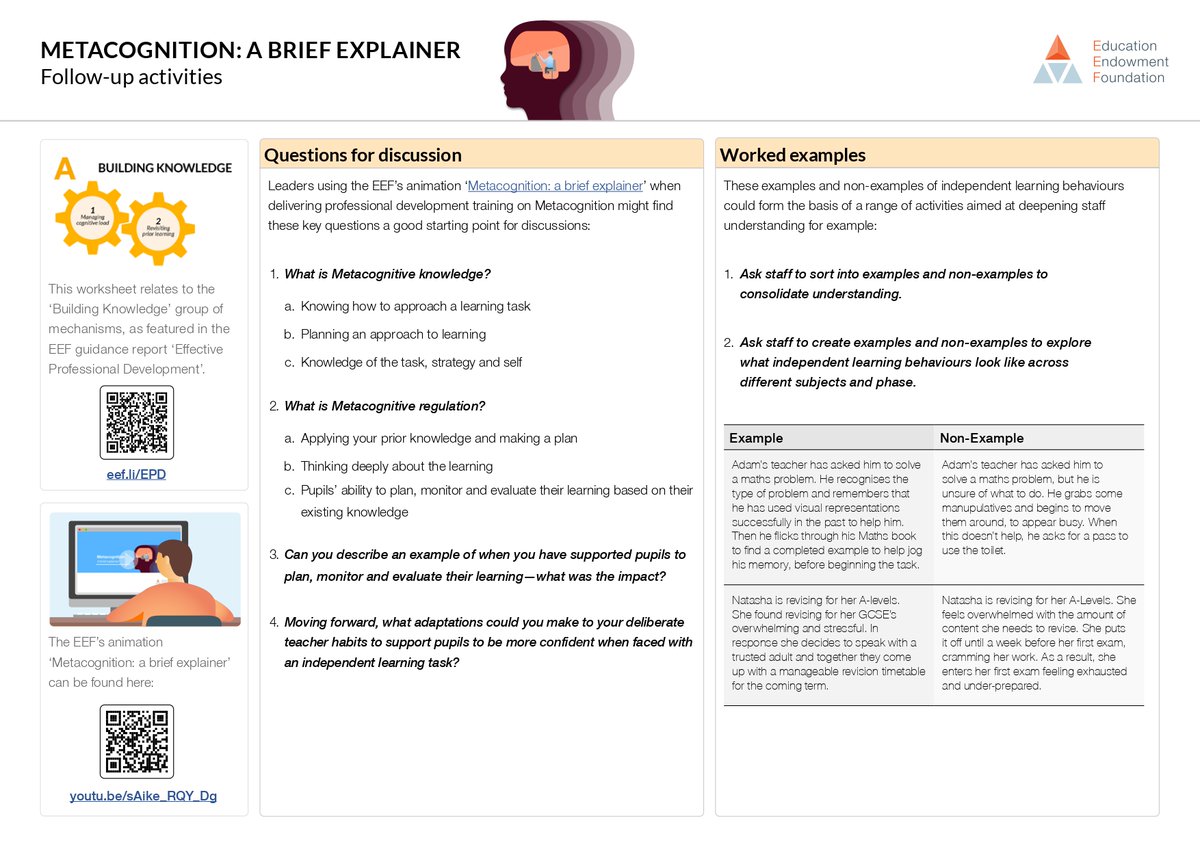 🧠 Is supporting independent learning a priority for your school or trust next academic year?

This explainer tool can support you to build a shared, consistent understanding of what metacognition can look like in classrooms.

More info: ow.ly/HjCG50P63m5