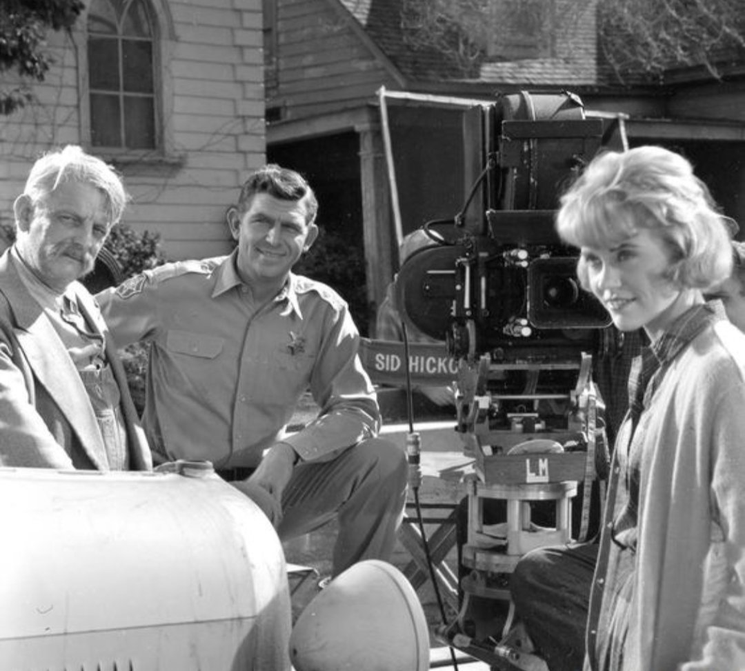Denver Pyle, Andy Griffith, and Maggie Peterson on the set of 