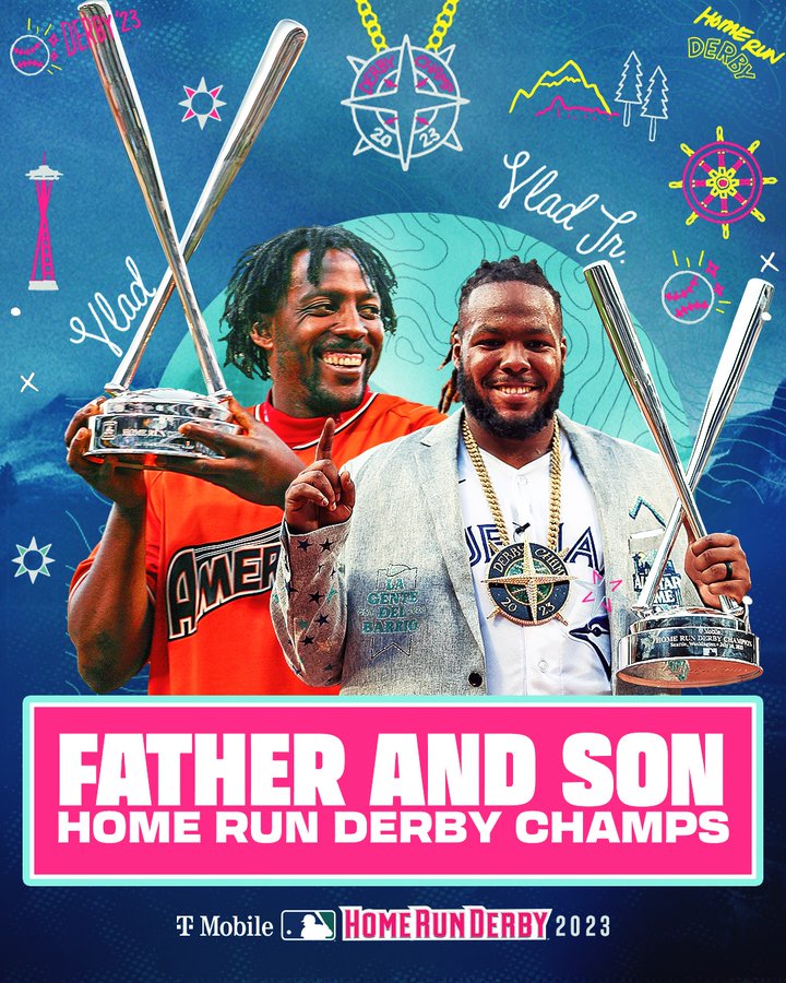 Father and son home run derby champs.
Pictured: Vladimir Guerrero and Vladimir Guerrero Jr. hold their respective #HRDerby championship trophies.
The 2023 Home Run Derby is presented by T-Mobile.