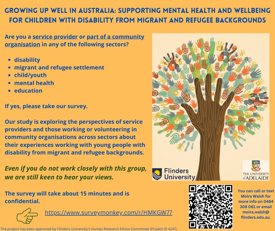 You are invited to take part in an online survey for a research project ‘Growing up well in Australia’ that is exploring the mental health and other support needs of refugee and migrant children with disability and their carers. surveymonkey.com/r/HMKGW77